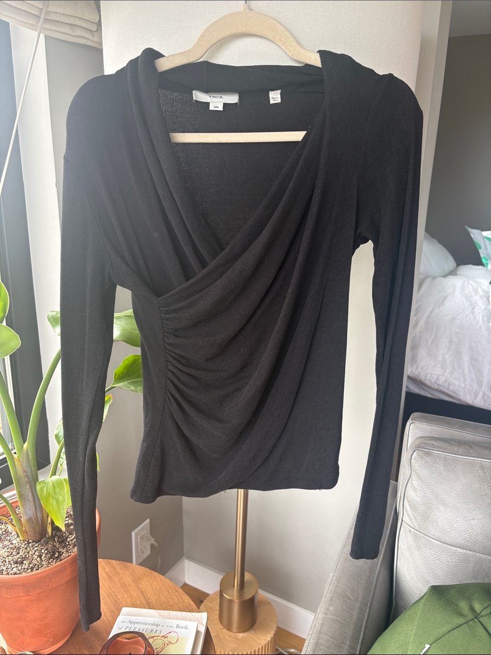 Vince Black Draped Crossover Long-Sleeve Top